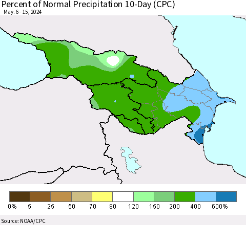 Azerbaijan, Armenia and Georgia Percent of Normal Precipitation 10-Day (CPC) Thematic Map For 5/6/2024 - 5/15/2024