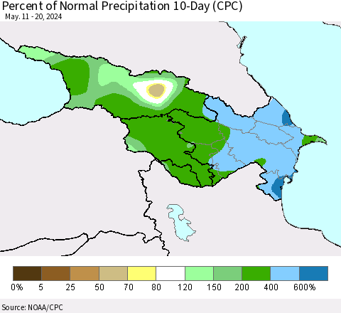 Azerbaijan, Armenia and Georgia Percent of Normal Precipitation 10-Day (CPC) Thematic Map For 5/11/2024 - 5/20/2024
