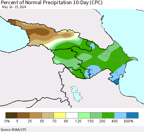 Azerbaijan, Armenia and Georgia Percent of Normal Precipitation 10-Day (CPC) Thematic Map For 5/16/2024 - 5/25/2024