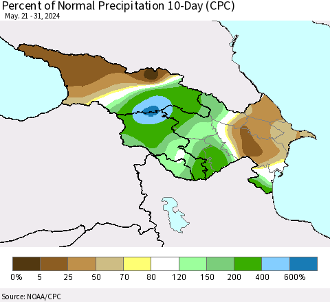 Azerbaijan, Armenia and Georgia Percent of Normal Precipitation 10-Day (CPC) Thematic Map For 5/21/2024 - 5/31/2024