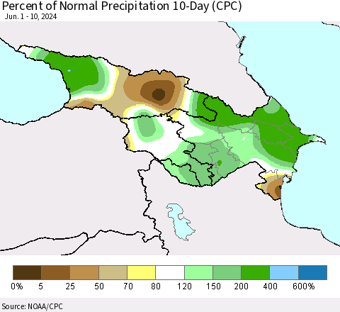 Azerbaijan, Armenia and Georgia Percent of Normal Precipitation 10-Day (CPC) Thematic Map For 6/1/2024 - 6/10/2024
