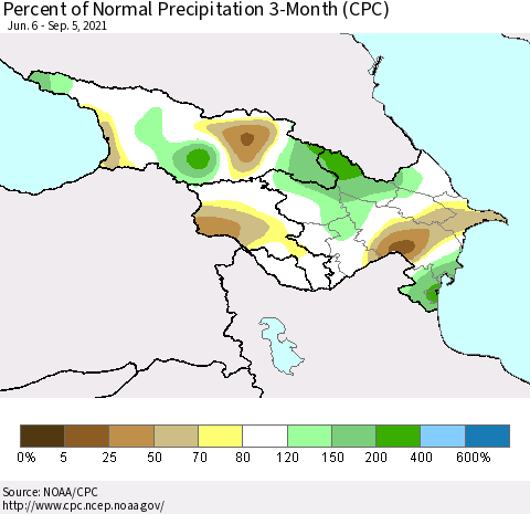 Azerbaijan, Armenia and Georgia Percent of Normal Precipitation 3-Month (CPC) Thematic Map For 6/6/2021 - 9/5/2021