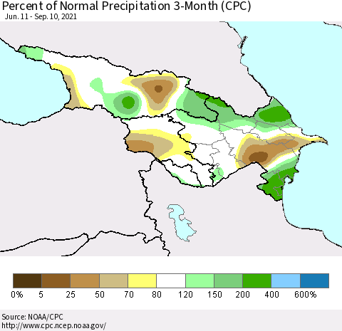 Azerbaijan, Armenia and Georgia Percent of Normal Precipitation 3-Month (CPC) Thematic Map For 6/11/2021 - 9/10/2021