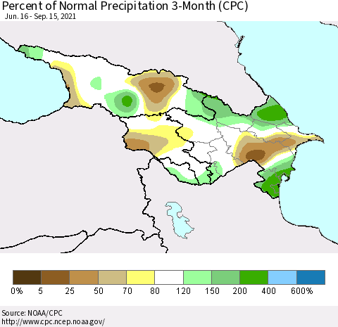 Azerbaijan, Armenia and Georgia Percent of Normal Precipitation 3-Month (CPC) Thematic Map For 6/16/2021 - 9/15/2021