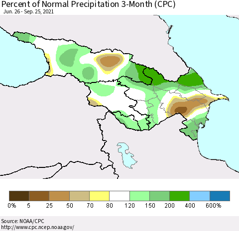 Azerbaijan, Armenia and Georgia Percent of Normal Precipitation 3-Month (CPC) Thematic Map For 6/26/2021 - 9/25/2021