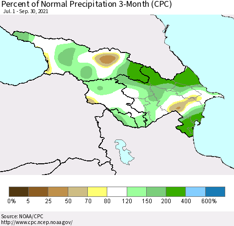 Azerbaijan, Armenia and Georgia Percent of Normal Precipitation 3-Month (CPC) Thematic Map For 7/1/2021 - 9/30/2021