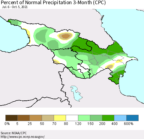 Azerbaijan, Armenia and Georgia Percent of Normal Precipitation 3-Month (CPC) Thematic Map For 7/6/2021 - 10/5/2021