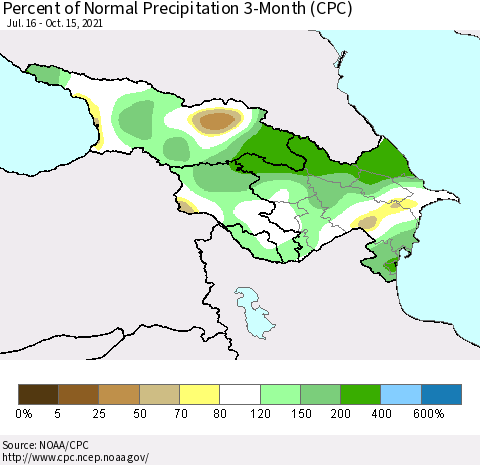 Azerbaijan, Armenia and Georgia Percent of Normal Precipitation 3-Month (CPC) Thematic Map For 7/16/2021 - 10/15/2021