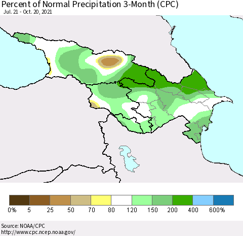 Azerbaijan, Armenia and Georgia Percent of Normal Precipitation 3-Month (CPC) Thematic Map For 7/21/2021 - 10/20/2021