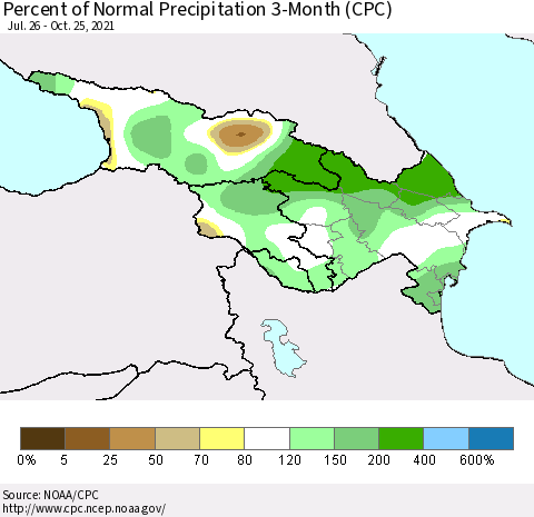 Azerbaijan, Armenia and Georgia Percent of Normal Precipitation 3-Month (CPC) Thematic Map For 7/26/2021 - 10/25/2021
