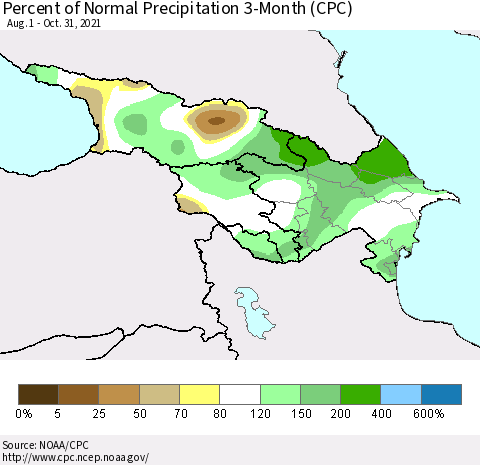 Azerbaijan, Armenia and Georgia Percent of Normal Precipitation 3-Month (CPC) Thematic Map For 8/1/2021 - 10/31/2021