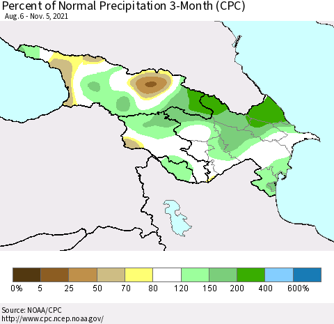 Azerbaijan, Armenia and Georgia Percent of Normal Precipitation 3-Month (CPC) Thematic Map For 8/6/2021 - 11/5/2021