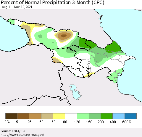 Azerbaijan, Armenia and Georgia Percent of Normal Precipitation 3-Month (CPC) Thematic Map For 8/11/2021 - 11/10/2021