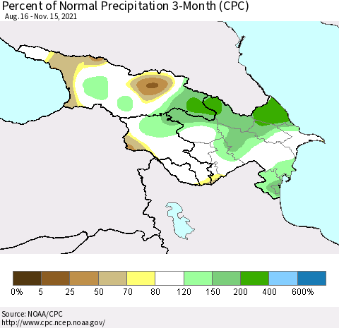 Azerbaijan, Armenia and Georgia Percent of Normal Precipitation 3-Month (CPC) Thematic Map For 8/16/2021 - 11/15/2021