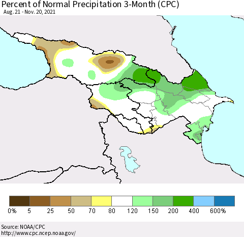 Azerbaijan, Armenia and Georgia Percent of Normal Precipitation 3-Month (CPC) Thematic Map For 8/21/2021 - 11/20/2021