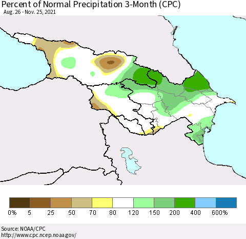 Azerbaijan, Armenia and Georgia Percent of Normal Precipitation 3-Month (CPC) Thematic Map For 8/26/2021 - 11/25/2021