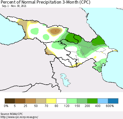 Azerbaijan, Armenia and Georgia Percent of Normal Precipitation 3-Month (CPC) Thematic Map For 9/1/2021 - 11/30/2021