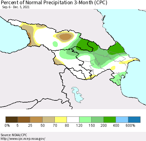 Azerbaijan, Armenia and Georgia Percent of Normal Precipitation 3-Month (CPC) Thematic Map For 9/6/2021 - 12/5/2021