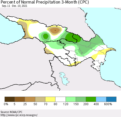 Azerbaijan, Armenia and Georgia Percent of Normal Precipitation 3-Month (CPC) Thematic Map For 9/11/2021 - 12/10/2021