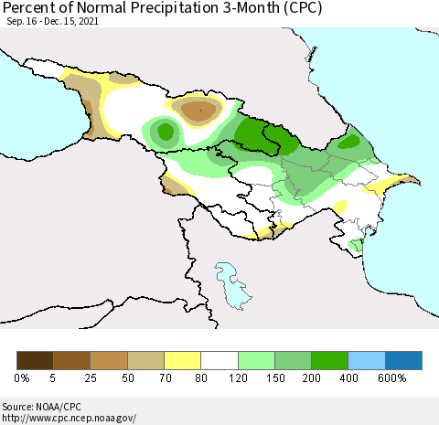 Azerbaijan, Armenia and Georgia Percent of Normal Precipitation 3-Month (CPC) Thematic Map For 9/16/2021 - 12/15/2021