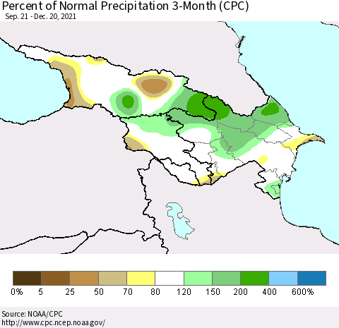 Azerbaijan, Armenia and Georgia Percent of Normal Precipitation 3-Month (CPC) Thematic Map For 9/21/2021 - 12/20/2021