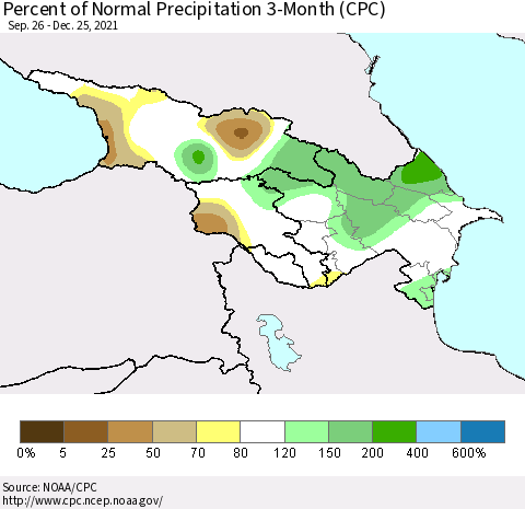 Azerbaijan, Armenia and Georgia Percent of Normal Precipitation 3-Month (CPC) Thematic Map For 9/26/2021 - 12/25/2021