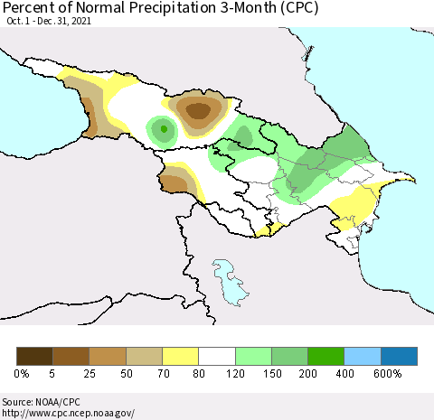 Azerbaijan, Armenia and Georgia Percent of Normal Precipitation 3-Month (CPC) Thematic Map For 10/1/2021 - 12/31/2021