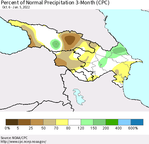 Azerbaijan, Armenia and Georgia Percent of Normal Precipitation 3-Month (CPC) Thematic Map For 10/6/2021 - 1/5/2022
