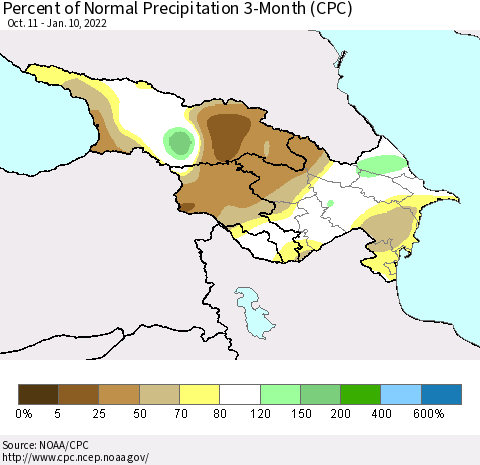 Azerbaijan, Armenia and Georgia Percent of Normal Precipitation 3-Month (CPC) Thematic Map For 10/11/2021 - 1/10/2022