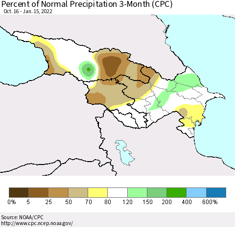 Azerbaijan, Armenia and Georgia Percent of Normal Precipitation 3-Month (CPC) Thematic Map For 10/16/2021 - 1/15/2022