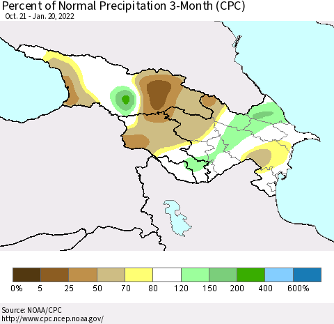 Azerbaijan, Armenia and Georgia Percent of Normal Precipitation 3-Month (CPC) Thematic Map For 10/21/2021 - 1/20/2022