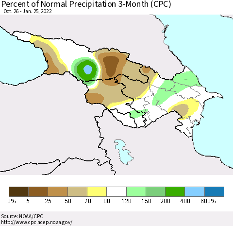 Azerbaijan, Armenia and Georgia Percent of Normal Precipitation 3-Month (CPC) Thematic Map For 10/26/2021 - 1/25/2022