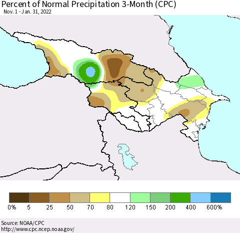 Azerbaijan, Armenia and Georgia Percent of Normal Precipitation 3-Month (CPC) Thematic Map For 11/1/2021 - 1/31/2022