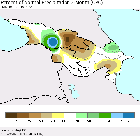 Azerbaijan, Armenia and Georgia Percent of Normal Precipitation 3-Month (CPC) Thematic Map For 11/16/2021 - 2/15/2022
