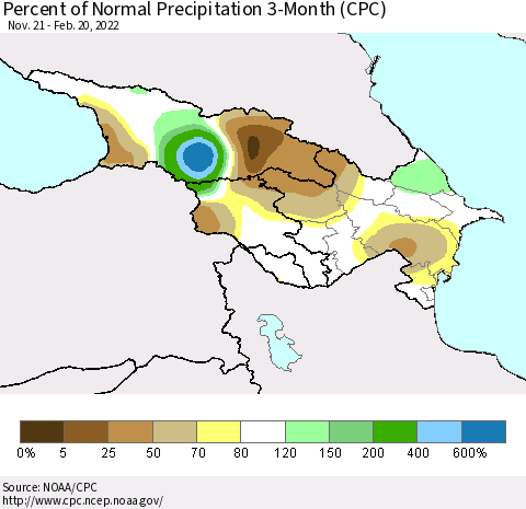 Azerbaijan, Armenia and Georgia Percent of Normal Precipitation 3-Month (CPC) Thematic Map For 11/21/2021 - 2/20/2022