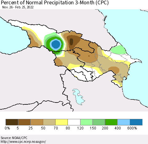 Azerbaijan, Armenia and Georgia Percent of Normal Precipitation 3-Month (CPC) Thematic Map For 11/26/2021 - 2/25/2022