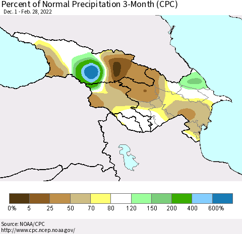 Azerbaijan, Armenia and Georgia Percent of Normal Precipitation 3-Month (CPC) Thematic Map For 12/1/2021 - 2/28/2022