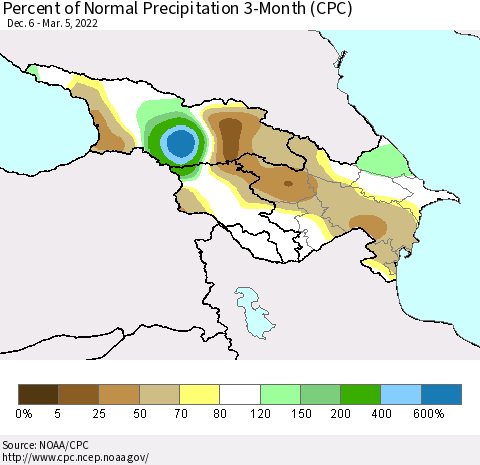 Azerbaijan, Armenia and Georgia Percent of Normal Precipitation 3-Month (CPC) Thematic Map For 12/6/2021 - 3/5/2022