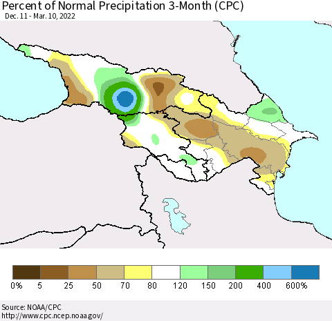 Azerbaijan, Armenia and Georgia Percent of Normal Precipitation 3-Month (CPC) Thematic Map For 12/11/2021 - 3/10/2022