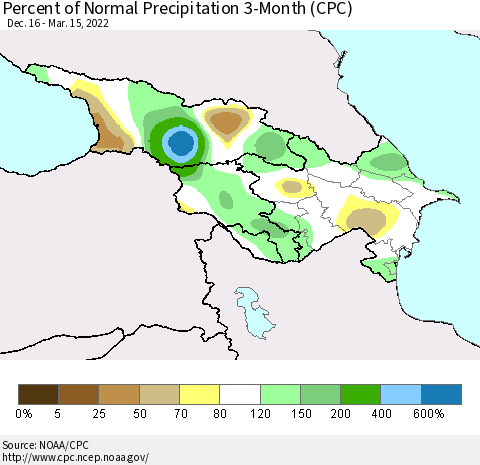 Azerbaijan, Armenia and Georgia Percent of Normal Precipitation 3-Month (CPC) Thematic Map For 12/16/2021 - 3/15/2022