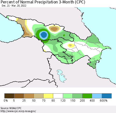 Azerbaijan, Armenia and Georgia Percent of Normal Precipitation 3-Month (CPC) Thematic Map For 12/21/2021 - 3/20/2022