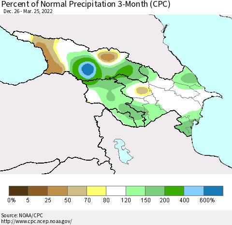 Azerbaijan, Armenia and Georgia Percent of Normal Precipitation 3-Month (CPC) Thematic Map For 12/26/2021 - 3/25/2022
