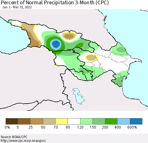 Azerbaijan, Armenia and Georgia Percent of Normal Precipitation 3-Month (CPC) Thematic Map For 1/1/2022 - 3/31/2022