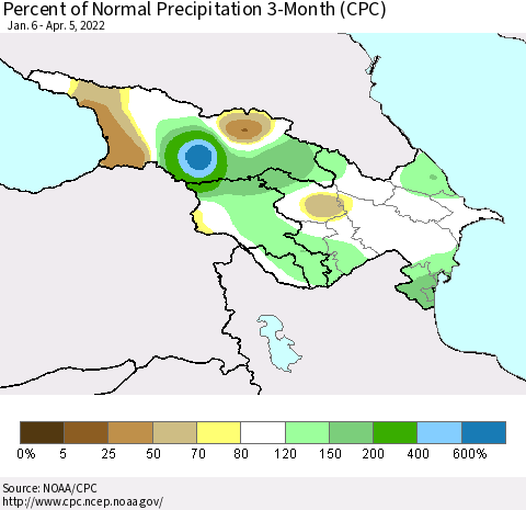 Azerbaijan, Armenia and Georgia Percent of Normal Precipitation 3-Month (CPC) Thematic Map For 1/6/2022 - 4/5/2022