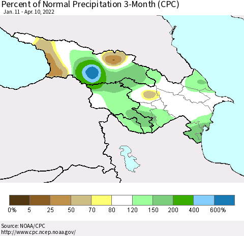 Azerbaijan, Armenia and Georgia Percent of Normal Precipitation 3-Month (CPC) Thematic Map For 1/11/2022 - 4/10/2022