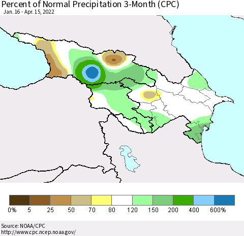 Azerbaijan, Armenia and Georgia Percent of Normal Precipitation 3-Month (CPC) Thematic Map For 1/16/2022 - 4/15/2022