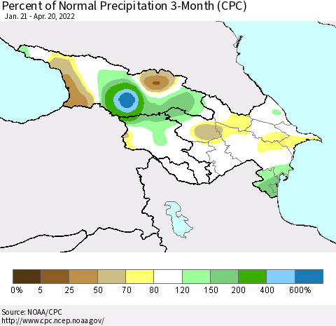 Azerbaijan, Armenia and Georgia Percent of Normal Precipitation 3-Month (CPC) Thematic Map For 1/21/2022 - 4/20/2022