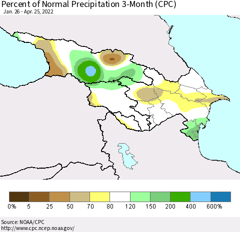 Azerbaijan, Armenia and Georgia Percent of Normal Precipitation 3-Month (CPC) Thematic Map For 1/26/2022 - 4/25/2022