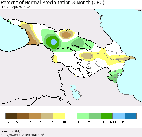 Azerbaijan, Armenia and Georgia Percent of Normal Precipitation 3-Month (CPC) Thematic Map For 2/1/2022 - 4/30/2022