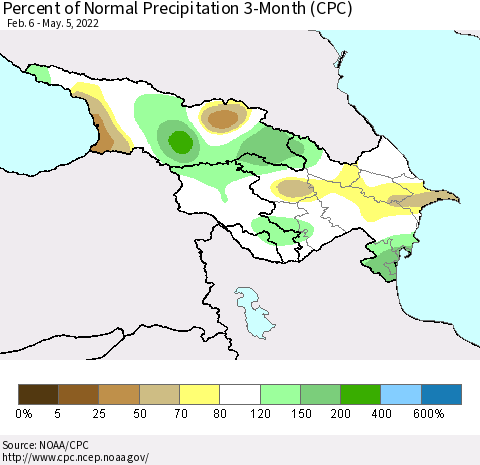Azerbaijan, Armenia and Georgia Percent of Normal Precipitation 3-Month (CPC) Thematic Map For 2/6/2022 - 5/5/2022